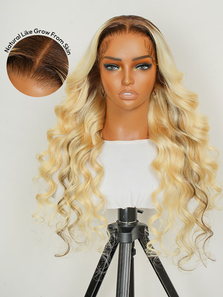 Blonde Ombre Wig Body Wave Human Hair Lace Front Wig With Dark Roots
