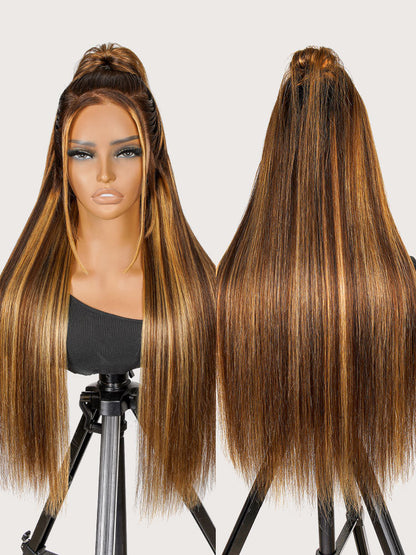 Brown and Honey Blonde Highlight Glueless Silky Straight 13x4 Lace Front Wig