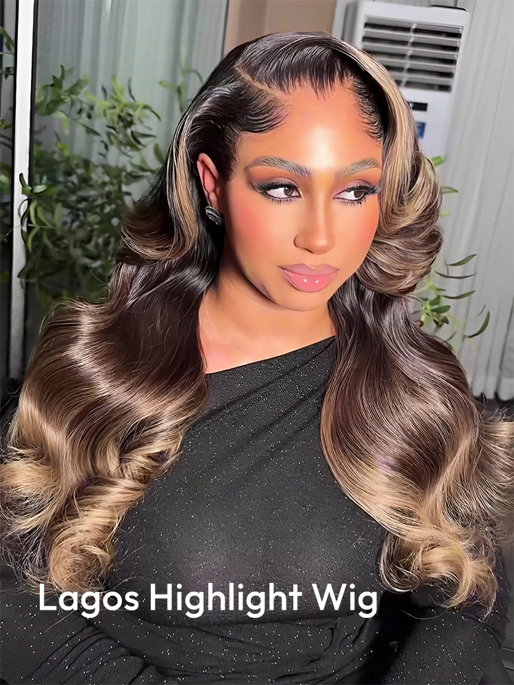 Lagos Hairline Colored Wig Black And Honey Blonde Highlight With Body Wave 13x4 Lace Front Wig
