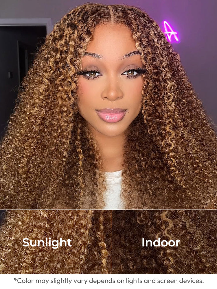 Glueless Invisi Drawstring 360 Lace Wig Curly Highlight Ombre Color Wig