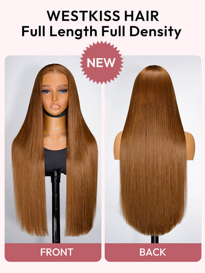 Glueless Caramel Brown Widows Peak M Hairline Silky Straight Transparent Lace Frontal Wig