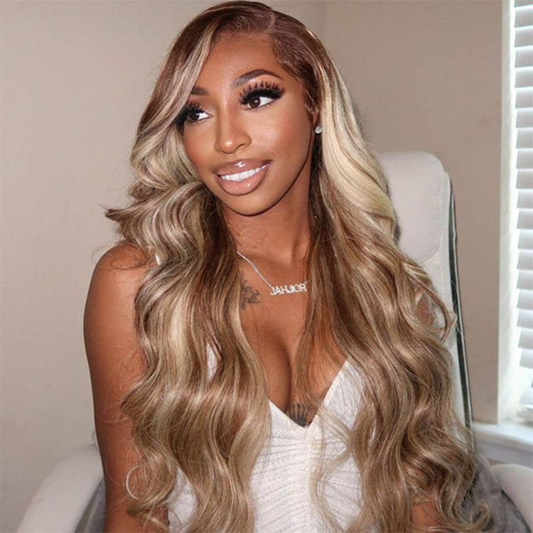 Blonde Highlight Wig Body Wave Dark Brown Wig With Blonde Highlights