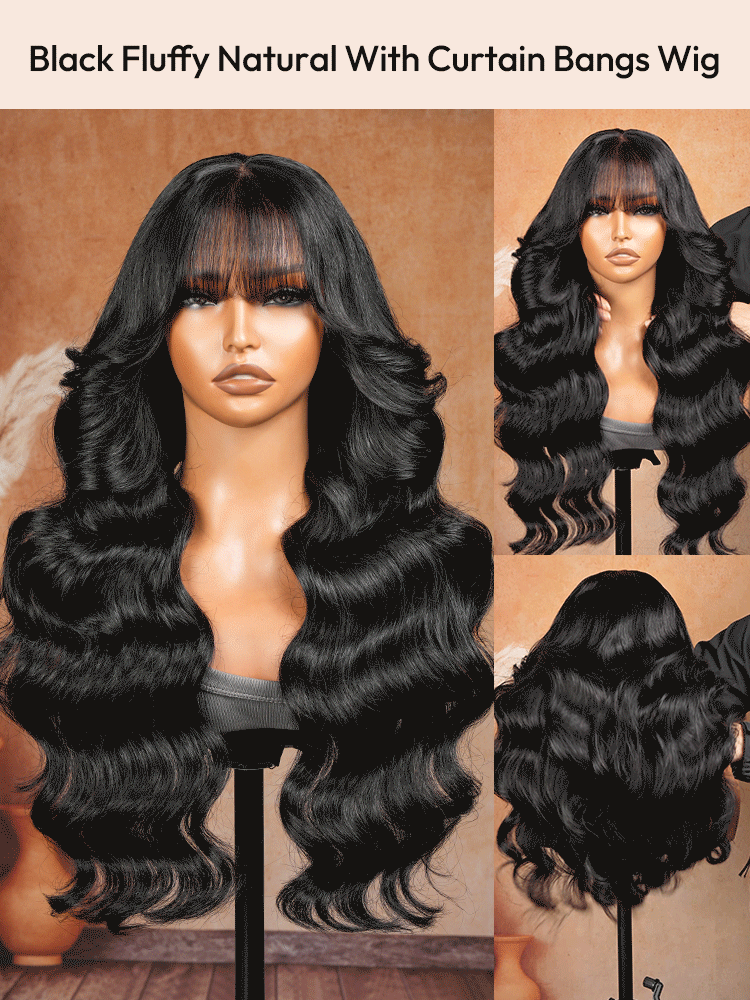 Black Fluffy Natural With Curtain Bangs Wig
