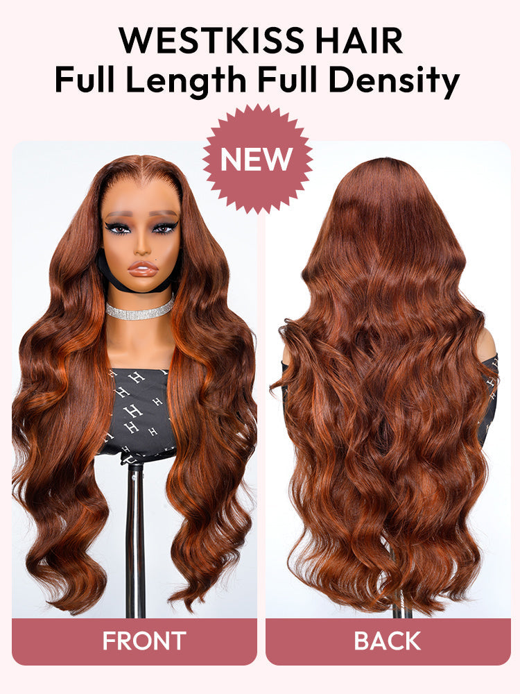 Lagos Hairline Body Wave Dark Burnt Orange Highlight Wig Human Hair Glueless 13x4 Lace Front Wig