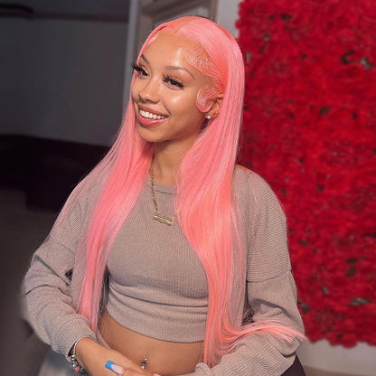 Rose Pink Natural Light Pink Straight Hair Glueless 5*5 Lace Wig
