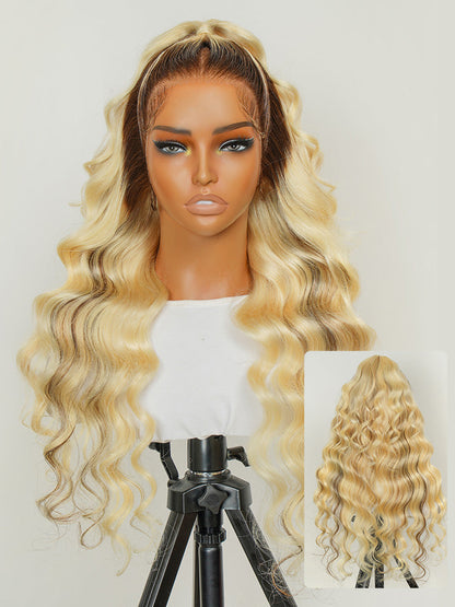 Blonde Ombre Wig Body Wave Human Hair Lace Front Wig With Dark Roots