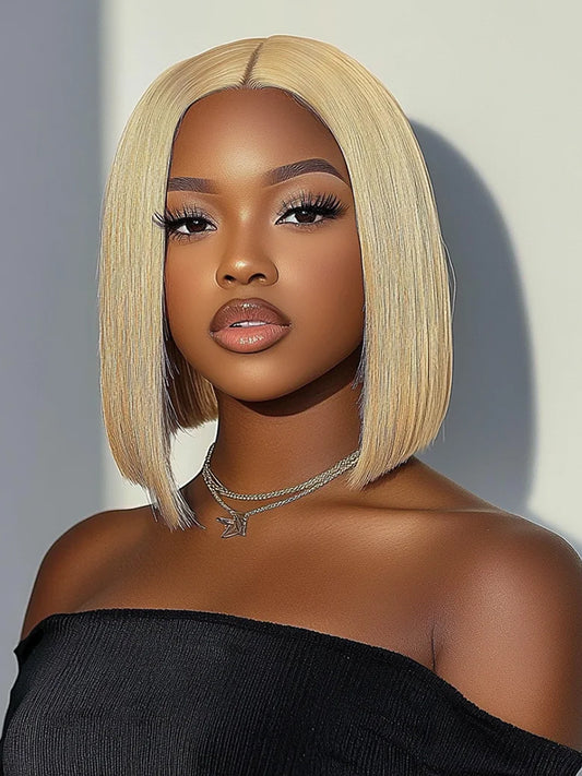 613 Blonde Color Straight Lace Bob Wigs Middle Part Short Blonde Bob Wig