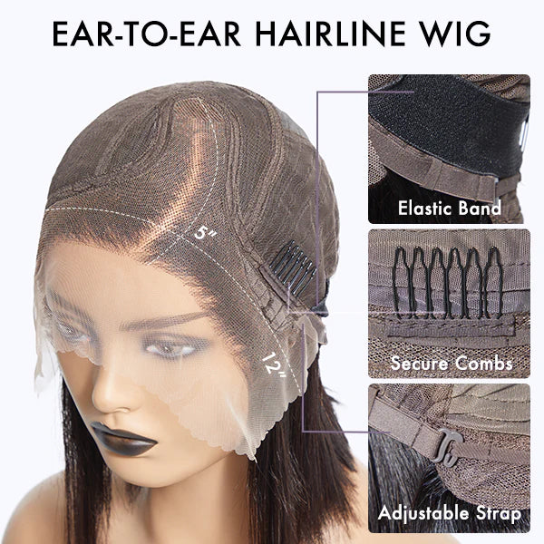 Jet Black / Brown Highlight Short Cut Slicked Back Curly Ear-to-ear Wide T Lace Wig