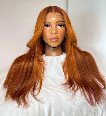 HD 13x6 cajun orange curtain bang straight frontal