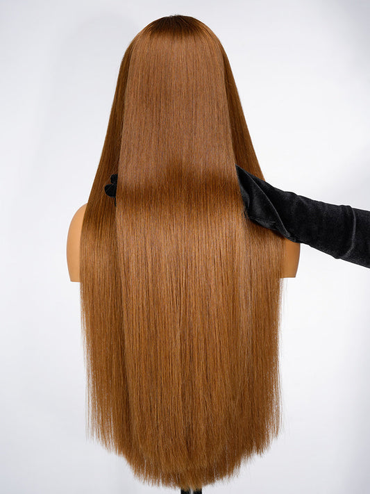 Glueless Caramel Brown Widows Peak M Hairline Silky Straight Transparent Lace Frontal Wig