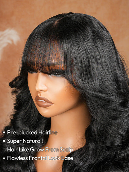 Black Fluffy Natural With Curtain Bangs Wig