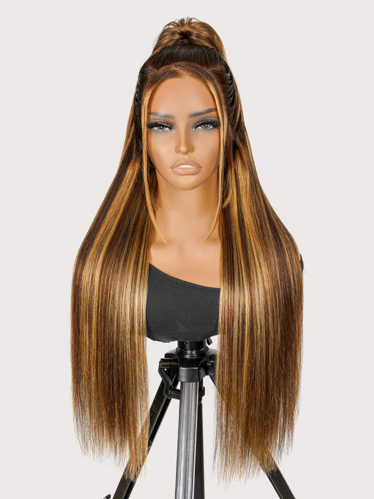 Brown and Honey Blonde Highlight Glueless Silky Straight 13x4 Lace Front Wig