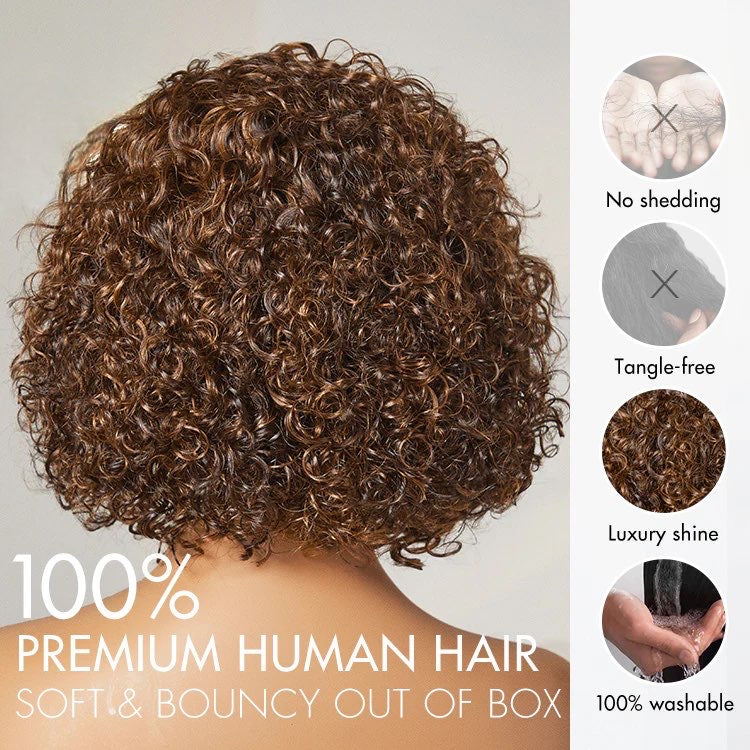 Jet Black / Brown Highlight Short Cut Slicked Back Curly Ear-to-ear Wide T Lace Wig