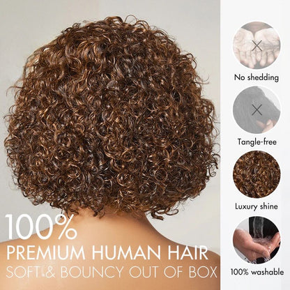 Jet Black / Brown Highlight Short Cut Slicked Back Curly Ear-to-ear Wide T Lace Wig