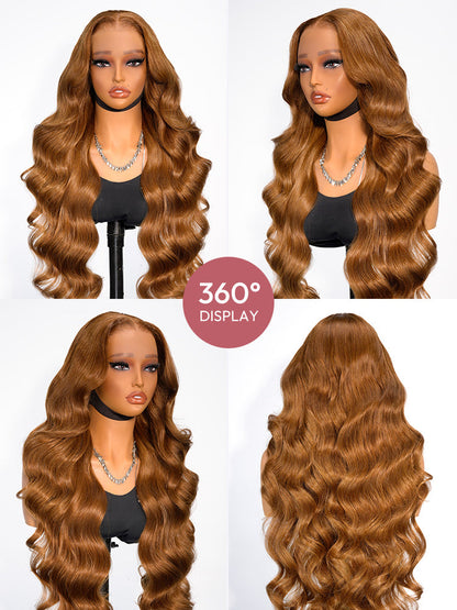 Glueless Caramel Brown Loose Body Transparent Lace Front Wig With Natural Widows Wig Peak M Hairline