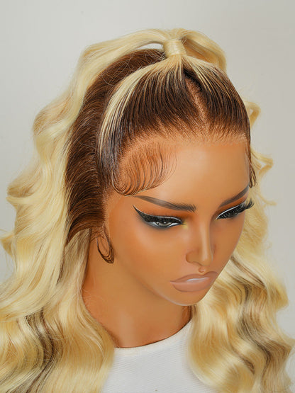 Blonde Ombre Wig Body Wave Human Hair Lace Front Wig With Dark Roots