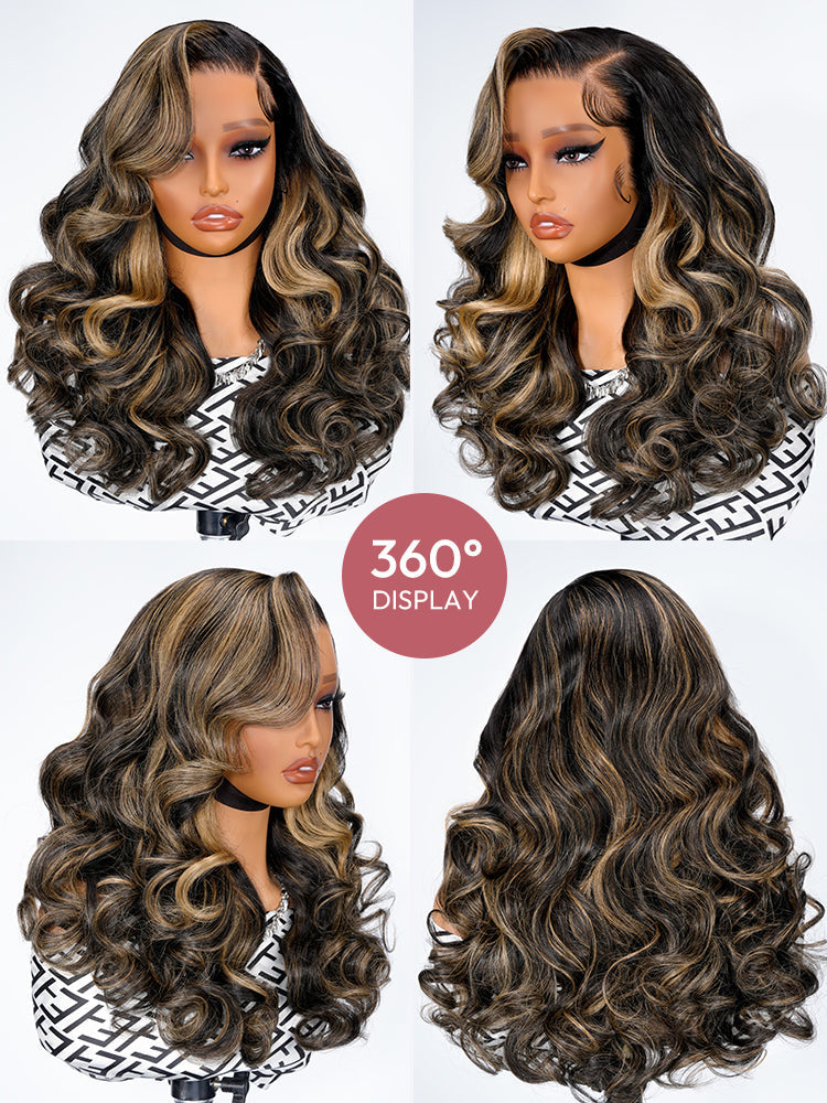 Black With Honey Blonde Highlight Layered Cut Body Wave 13x4 Lace Wigs