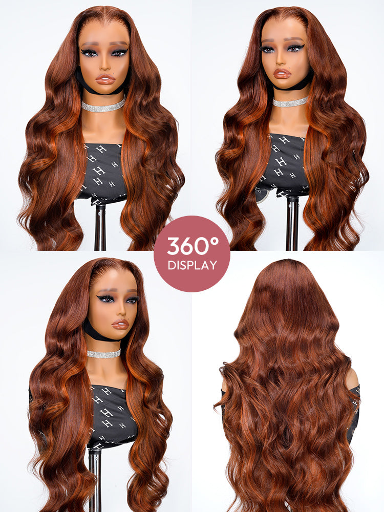 Lagos Hairline Body Wave Dark Burnt Orange Highlight Wig Human Hair Glueless 13x4 Lace Front Wig