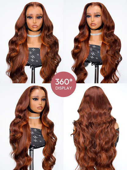 Lagos Hairline Body Wave Dark Burnt Orange Highlight Wig Human Hair Glueless 13x4 Lace Front Wig