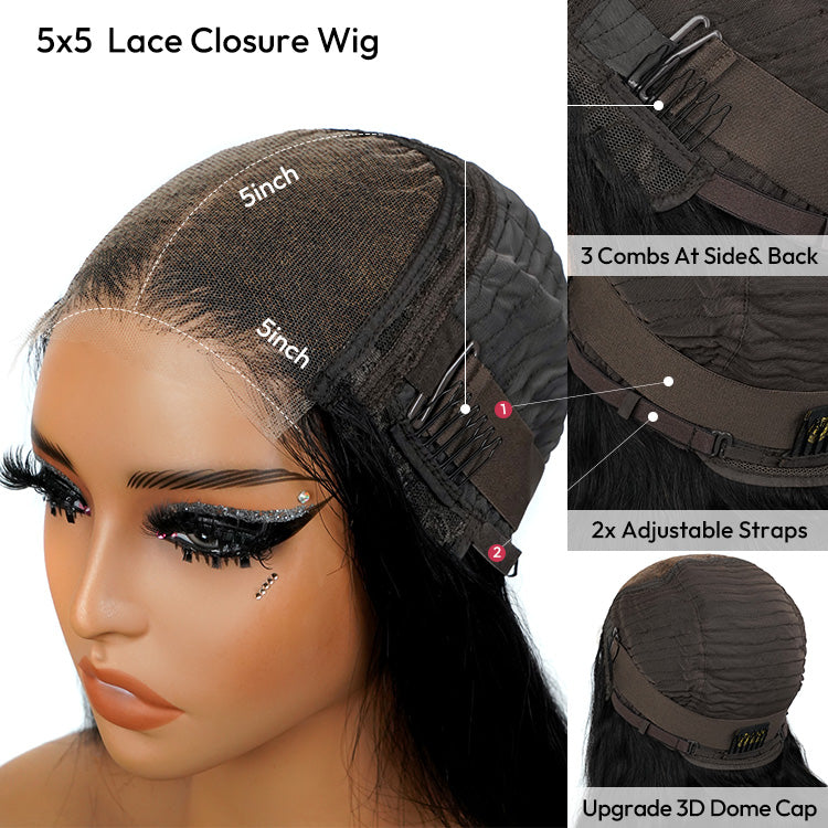 Body Wave Human Hair With Bangs 5*5 Pre-Cut Lace Closure Wig