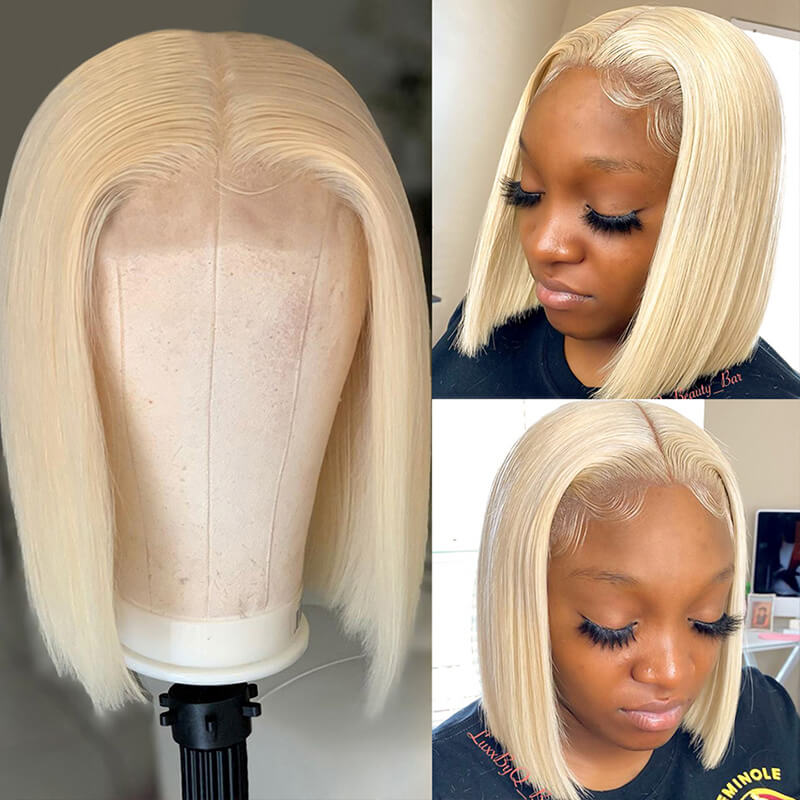 613 Blonde Color Straight Lace Bob Wigs Middle Part Short Blonde Bob Wig