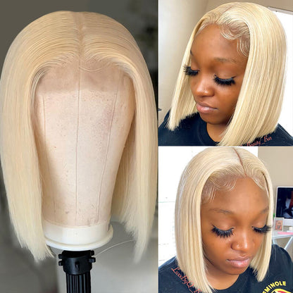 613 Blonde Color Straight Lace Bob Wigs Middle Part Short Blonde Bob Wig