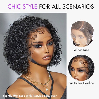 Jet Black / Brown Highlight Short Cut Slicked Back Curly Ear-to-ear Wide T Lace Wig