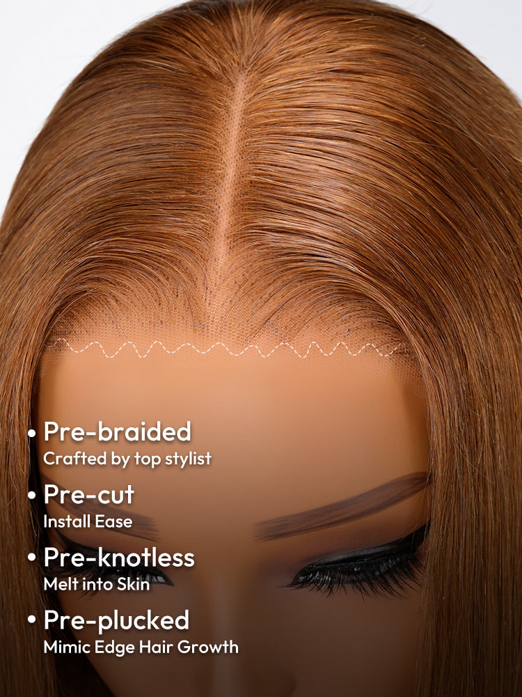 Glueless Caramel Brown Widows Peak M Hairline Silky Straight Transparent Lace Frontal Wig