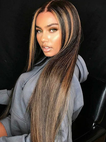 Glueless Highlight Balayage Piano Colored Straight 13x6 Lace Front Super Invisible Lace Wig