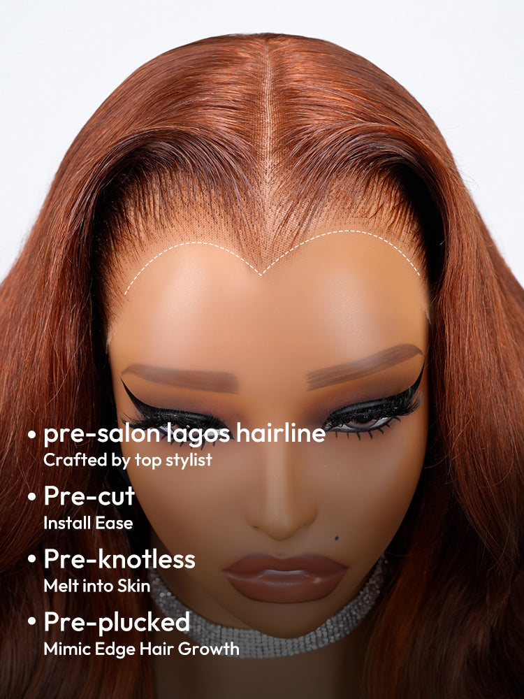 Lagos Hairline Body Wave Dark Burnt Orange Highlight Wig Human Hair Glueless 13x4 Lace Front Wig
