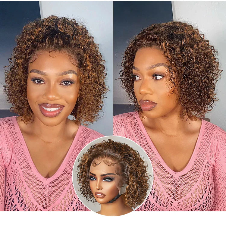 Jet Black / Brown Highlight Short Cut Slicked Back Curly Ear-to-ear Wide T Lace Wig