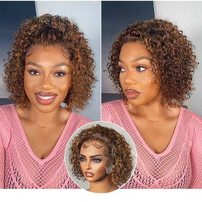Jet Black / Brown Highlight Short Cut Slicked Back Curly Ear-to-ear Wide T Lace Wig