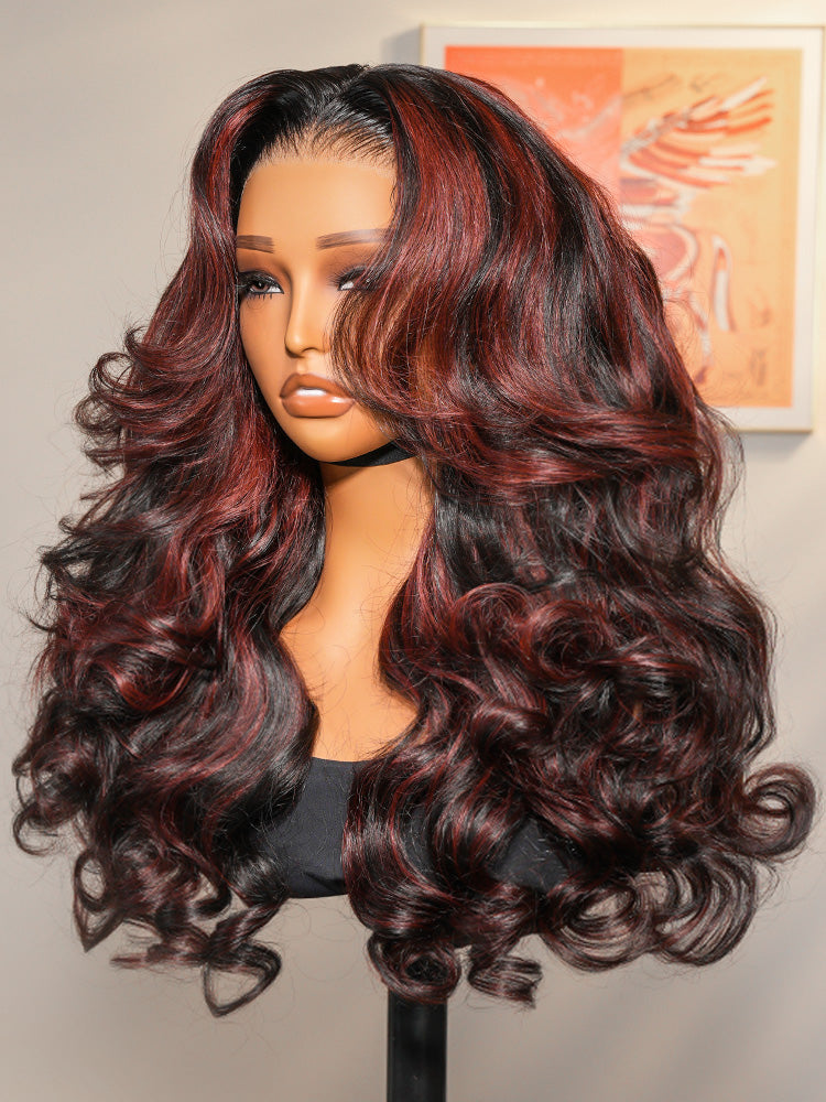 Cherry Cola Red Highlight Layered Cut Customized Wave Human Hair