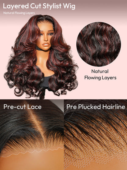 Cherry Cola Red Highlight Layered Cut Customized Wave Human Hair