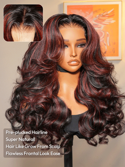 Cherry Cola Red Highlight Layered Cut Customized Wave Human Hair