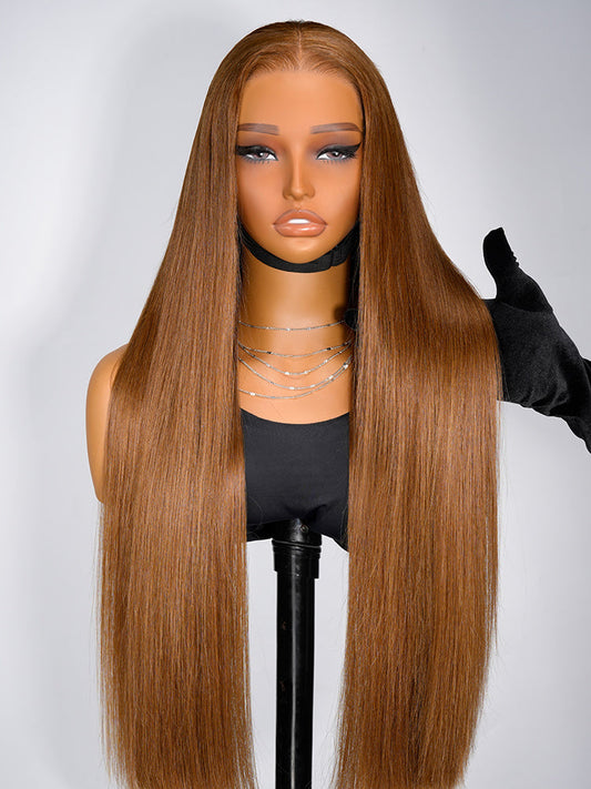 Glueless Caramel Brown Widows Peak M Hairline Silky Straight Transparent Lace Frontal Wig