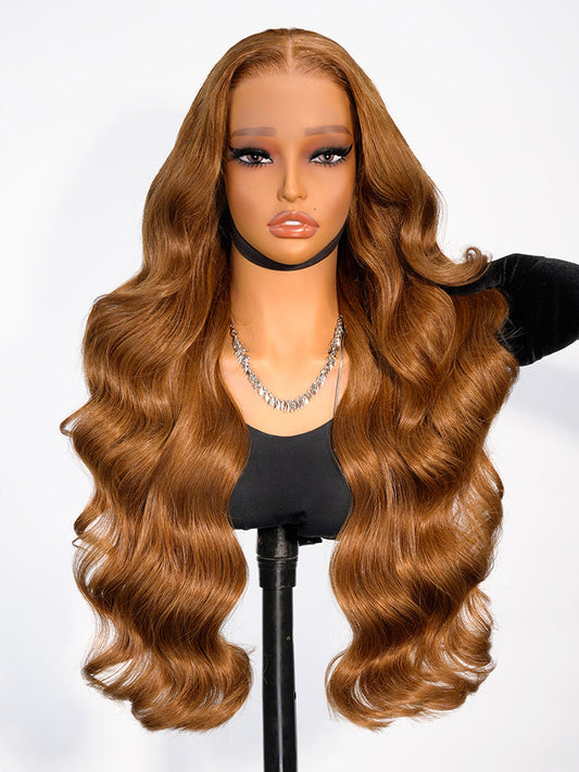 Glueless Caramel Brown Loose Body Transparent Lace Front Wig With Natural Widows Wig Peak M Hairline