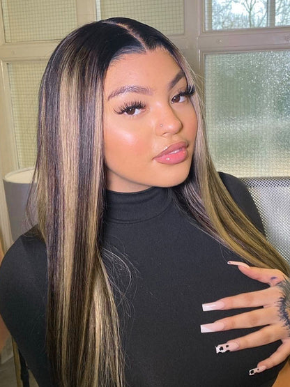 Glueless Highlight Balayage Piano Colored Straight 13x6 Lace Front Super Invisible Lace Wig