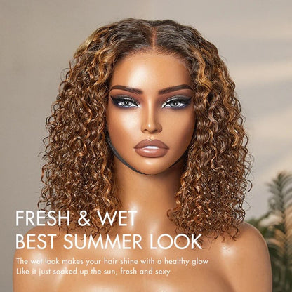 Ombre Brown Highlight / Natural Black Deep Curly Glueless 5x5 Closure Lace Wig