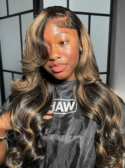 Black With Honey Blonde Highlight Layered Cut Body Wave 13x4 Lace Wigs