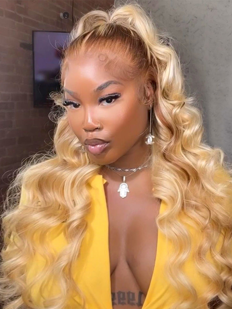 Blonde Ombre Wig Body Wave Human Hair Lace Front Wig With Dark Roots