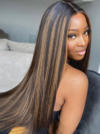 Glueless Highlight Balayage Piano Colored Straight 13x6 Lace Front Super Invisible Lace Wig