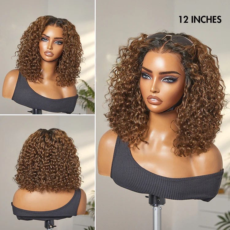 Ombre Brown Highlight / Natural Black Deep Curly Glueless 5x5 Closure Lace Wig