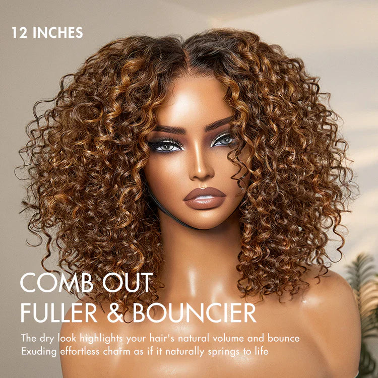 Ombre Brown Highlight / Natural Black Deep Curly Glueless 5x5 Closure Lace Wig