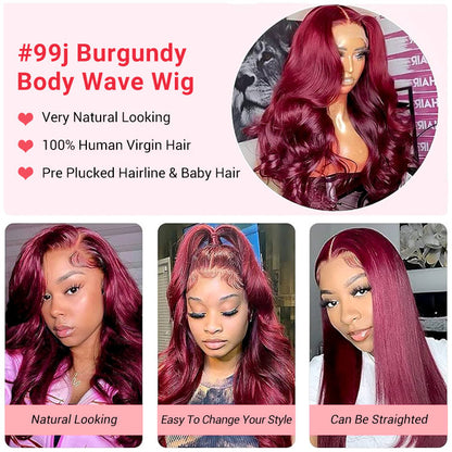 99J Body Wave Lace Front Wigs Affordable Burgundy Colored Human Hair Wig