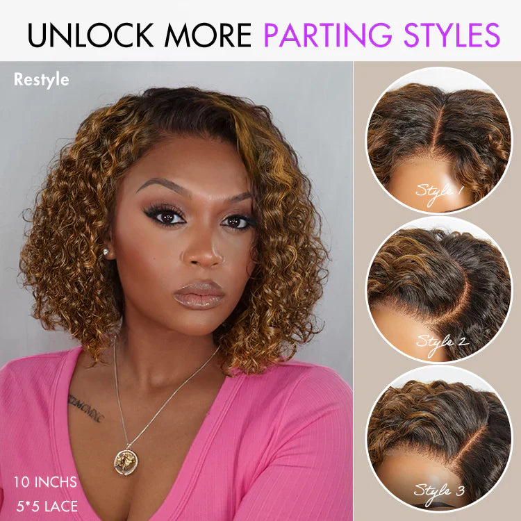 Ombre Brown Highlight / Natural Black Deep Curly Glueless 5x5 Closure Lace Wig