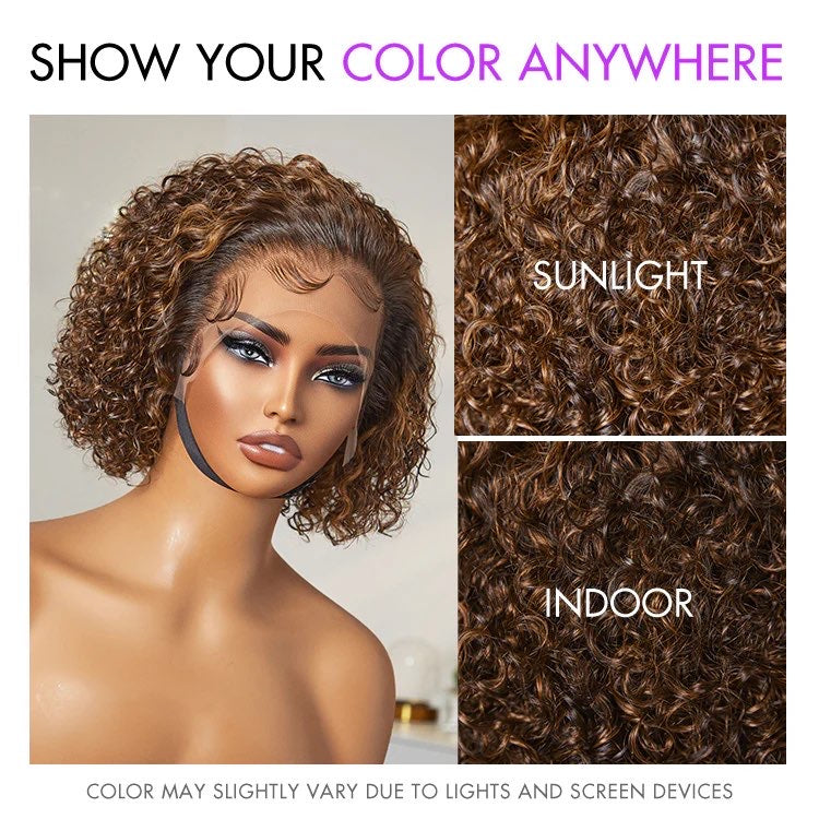 Jet Black / Brown Highlight Short Cut Slicked Back Curly Ear-to-ear Wide T Lace Wig