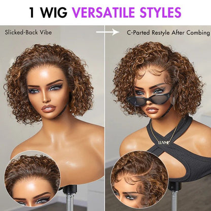 Jet Black / Brown Highlight Short Cut Slicked Back Curly Ear-to-ear Wide T Lace Wig