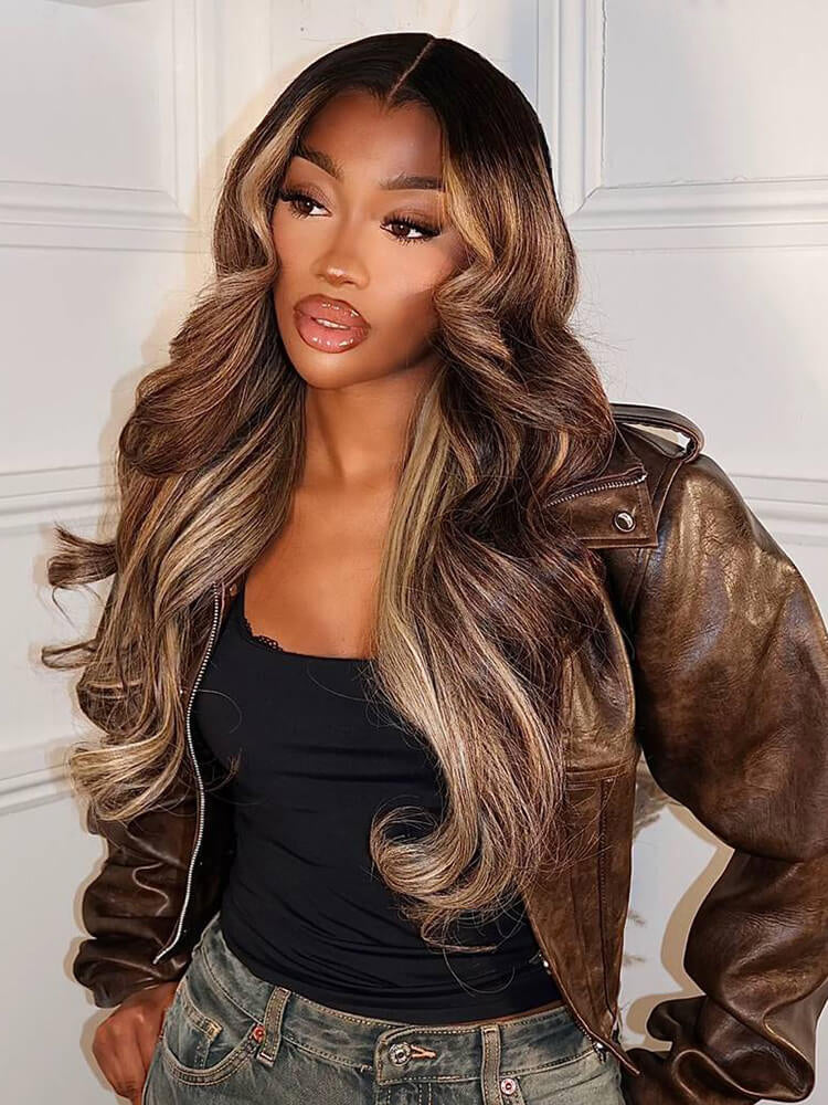 Lagos Hairline Colored Wig Black And Honey Blonde Highlight With Body Wave 13x4 Lace Front Wig