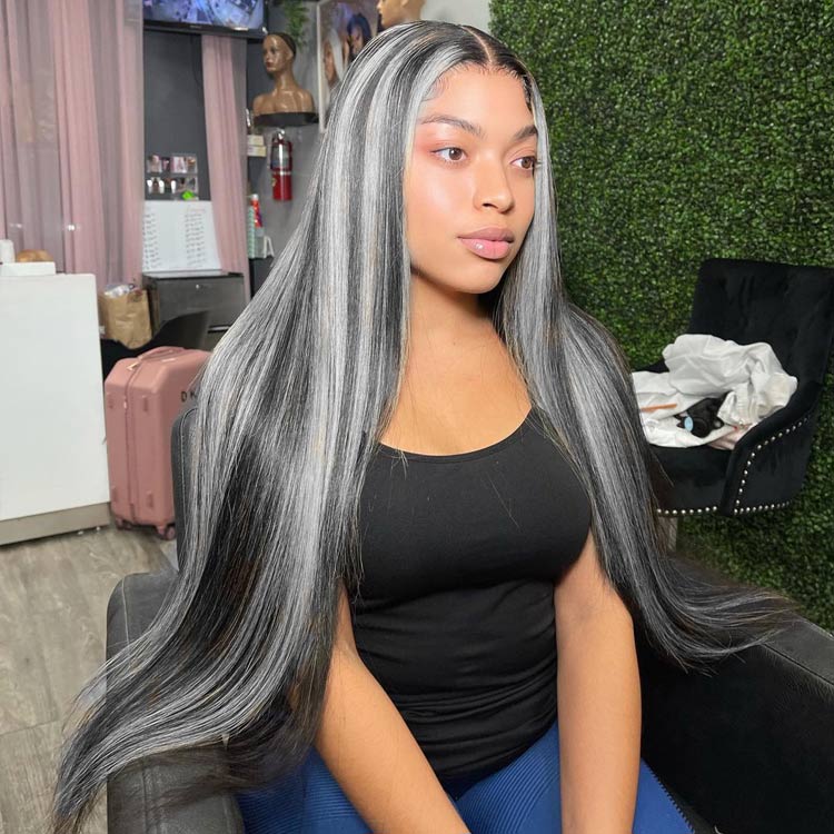 Straight Black Wigs With Gray Highlights Lace Front Wig